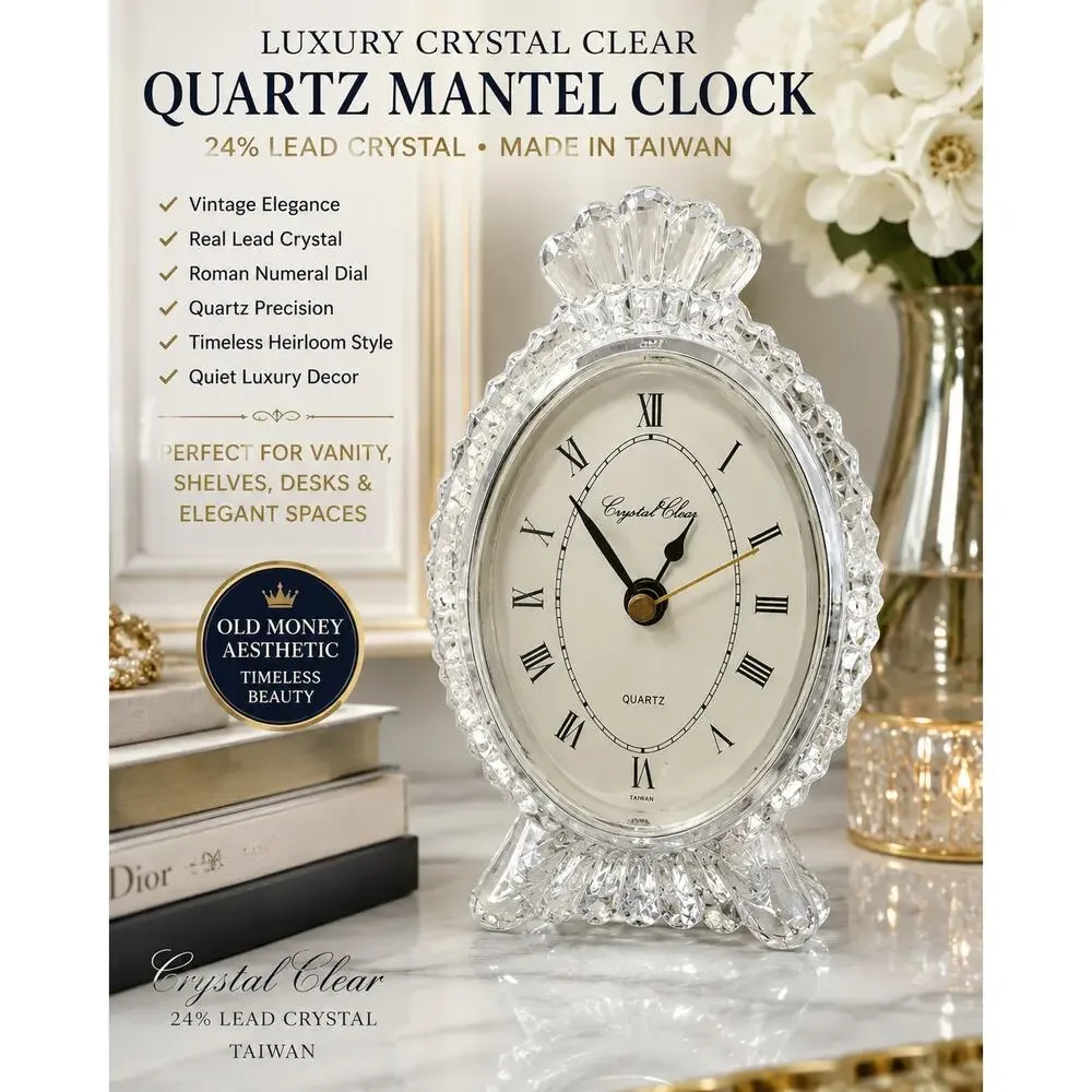 Vintage Crystal Clear 24% Lead Crystal Quartz Mantel Clock Taiwan Luxury Decor